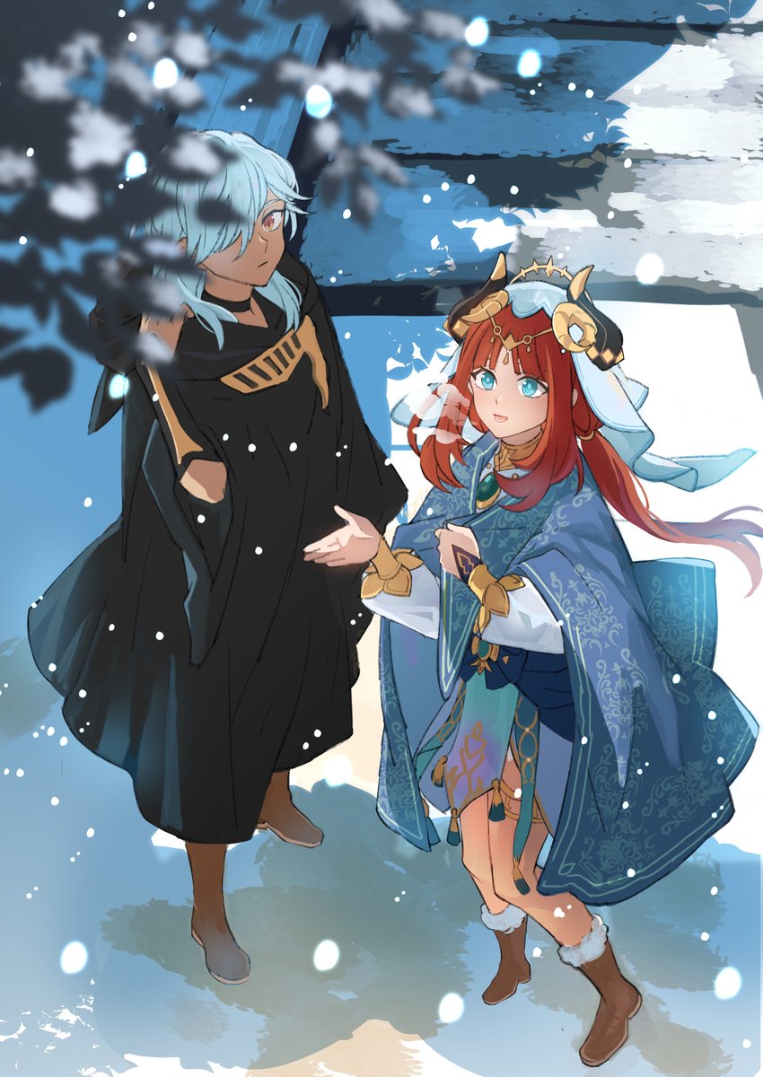 nilou (genshin impact) 1boy 1girl boots red hair hair over one eye horns snow  illustration images