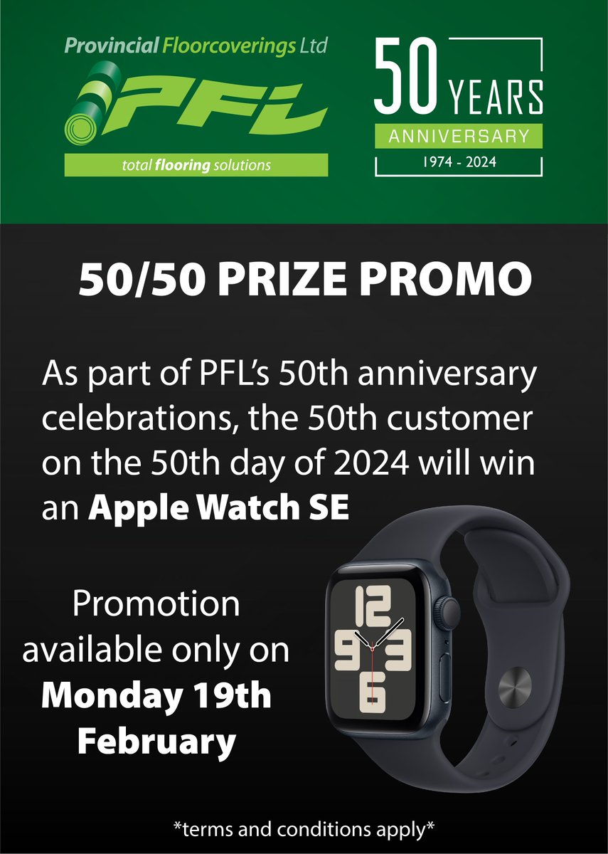 As part of PFL's ongoing calendar of celebrations to mark our 50th anniversary, we have a very special prize giveaway on Monday 19th February. To mark the 50th day of our 50th year in business, we will give the 50th customer a free Apple Watch SE. Good luck everyone!