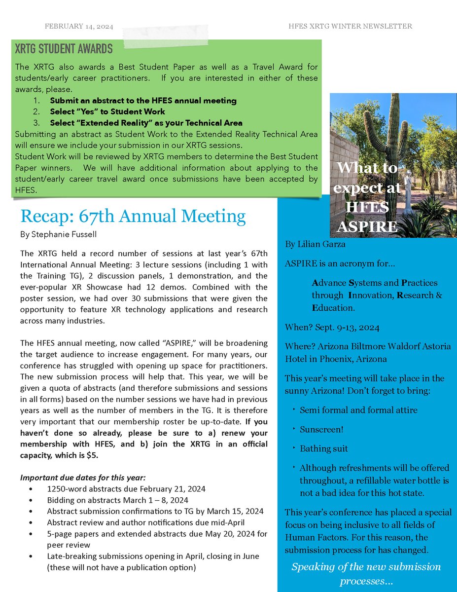 HFES_XRTG's tweet photo. XRTG Winter Newsletter 2024
The first newsletter of Extended Reality Technical Group (XRTG) at HFES for 2024 is here. The newsletter recaps the 67th HFES - Human Factors and Ergonomics Society Annual Meeting and highlights important upcoming plans, events, and deadlines. https://t.co/779WYMECRs