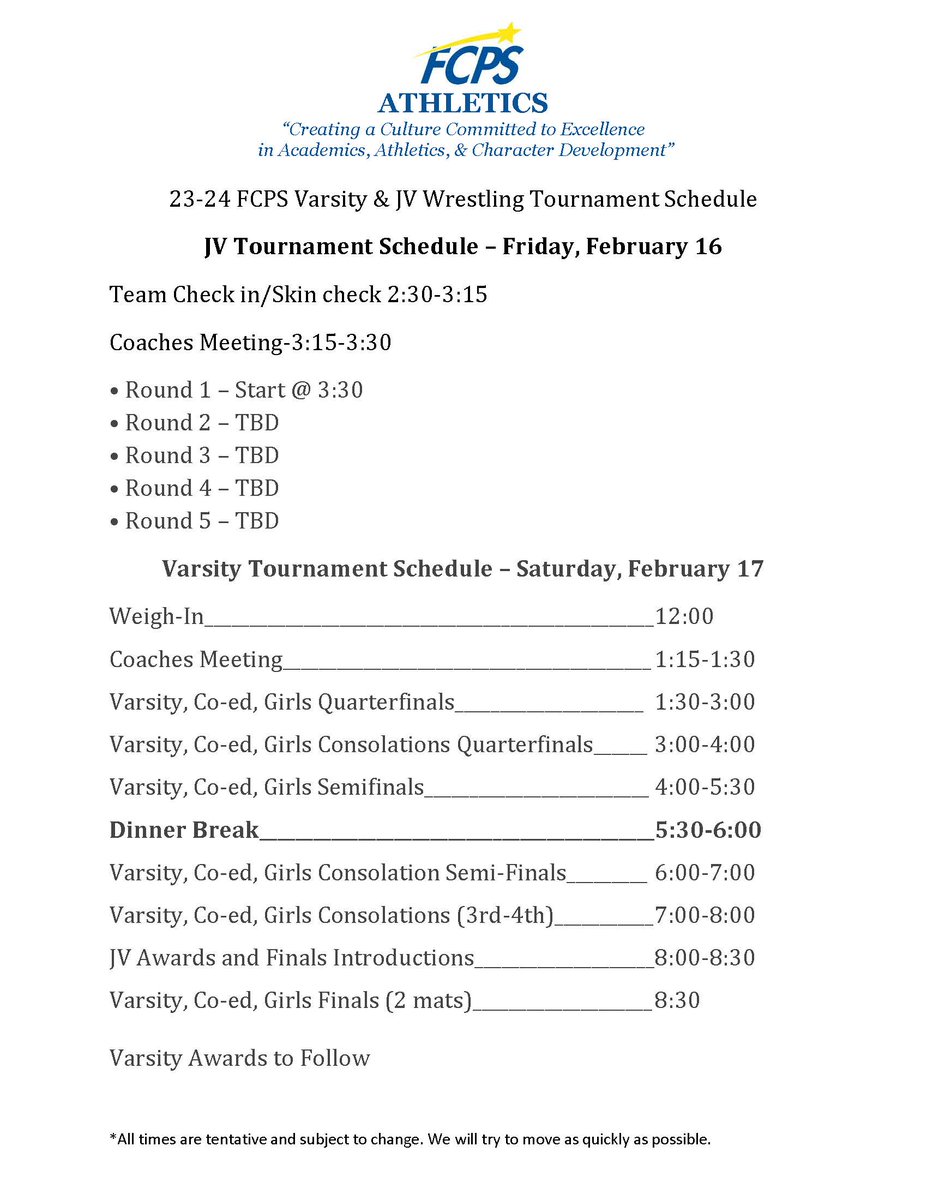 FCPSAthletics's tweet image. Due to the projected inclement weather, the starting time for tomorrow's (2.17) @FCPSMaryland Varsity Wrestling Tournament has been pushed back to 1:30 PM with weigh-ins at 12 noon. ❄️🤼‍♀️🤼

Today's JV tournament will run as scheduled.

@FrederickSports @MPSSAA_Org