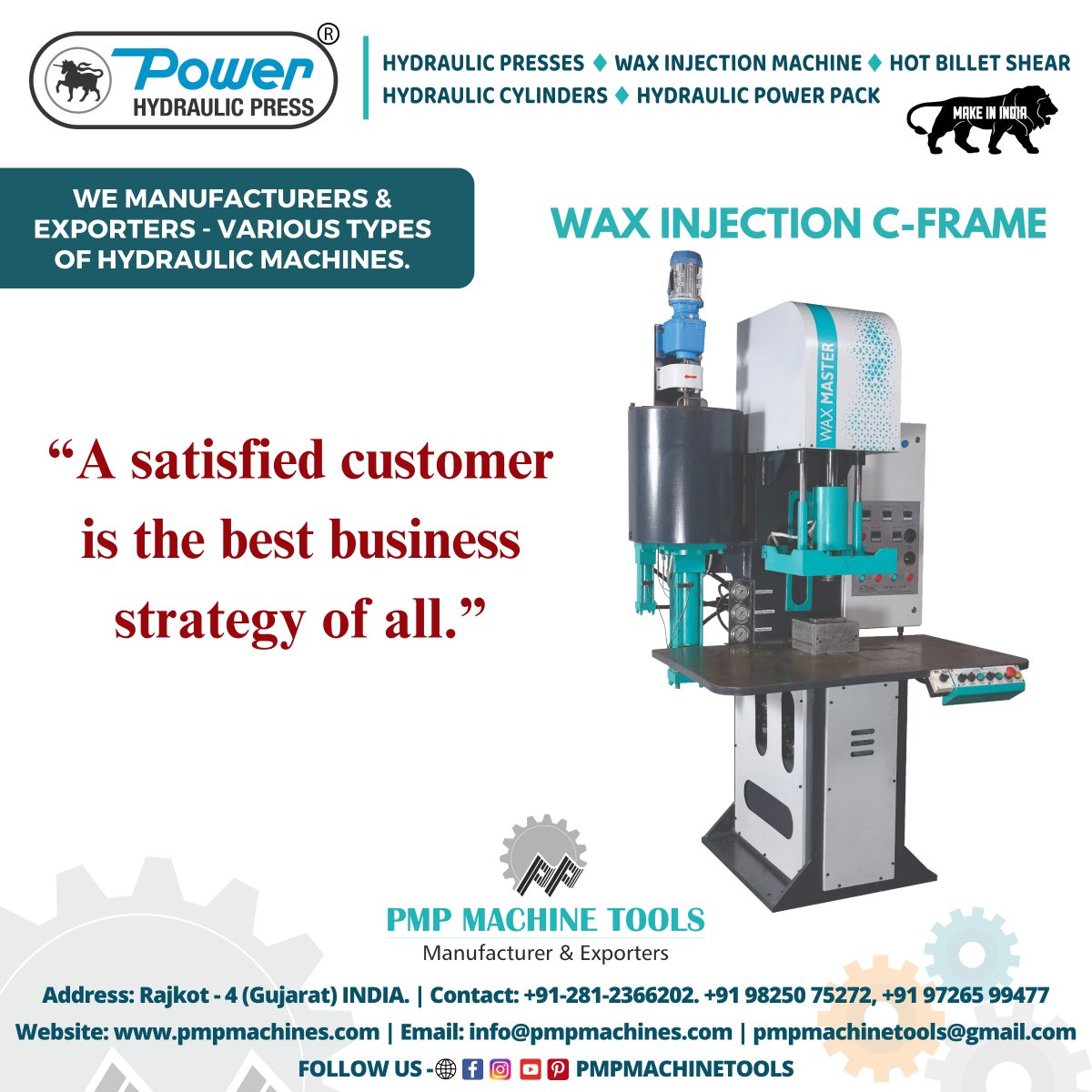 PmpMachineTools's tweet photo. Wax Injection Press (C-Frame)
Visit Us On: https://t.co/Ptf7cez60f
PMP MACHINE TOOLS - RAJKOT
We Manufacturers & Exporters - Various Types Of Hydraulic Machines.
#powerpress #Vertical #PmpMachineTools #digital #manufacturer #exporter #suppliers #RajkotPmp #Billetcutting https://t.co/x79XDptktp