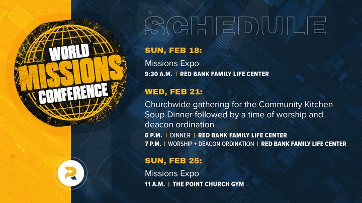 RedBankBaptist's tweet photo. Our World Missions Conference kicks off this Sunday, Feb. 18! It will be a week-long event with missions expos at both campuses and a churchwide dinner on Feb. 21 at our Red Bank campus. Don't forget to register at the link in our bio.
#PointChurch #RBBC #Missions https://t.co/1aCQO8tzlm
