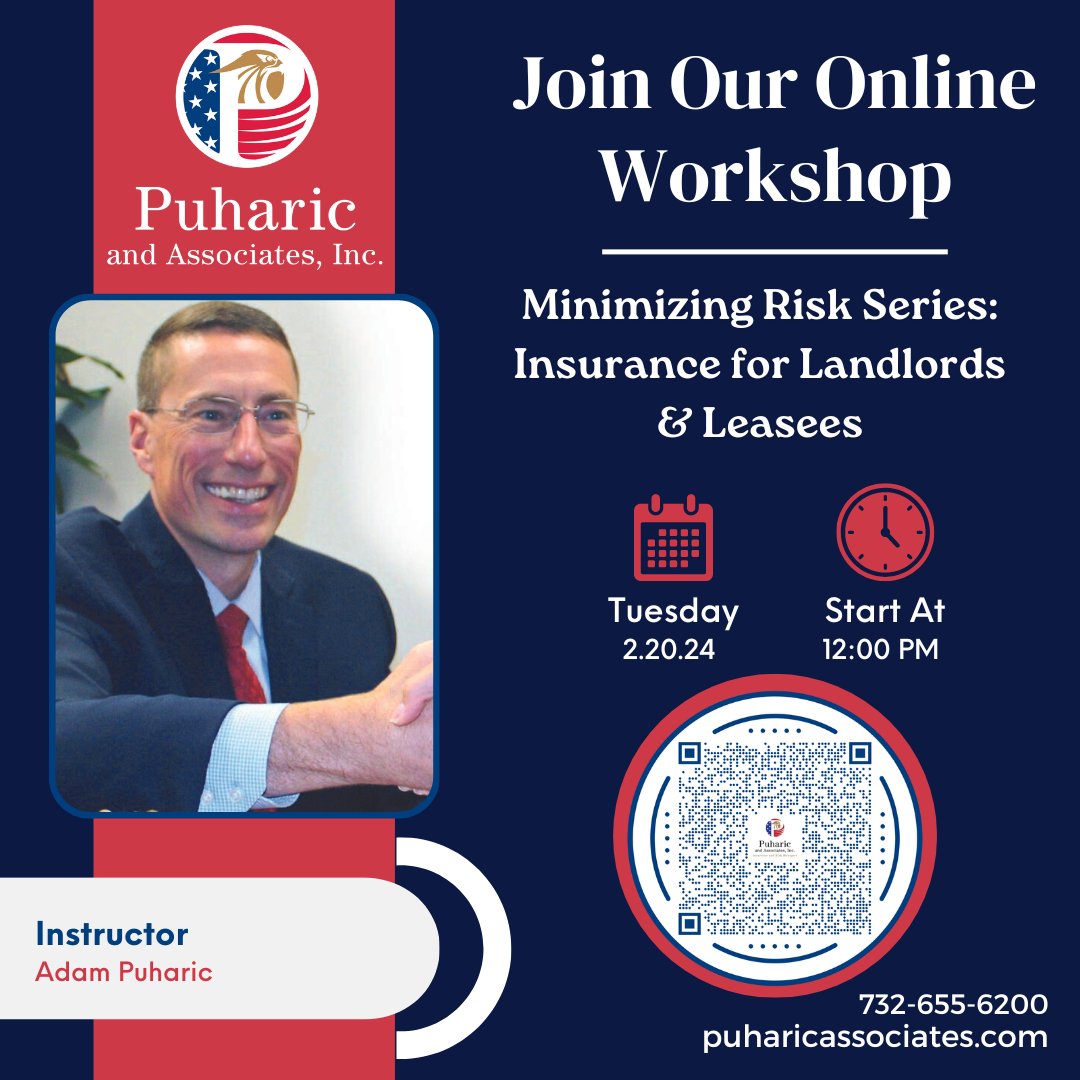 Join us for our third online webinar Minimizing Your Risk Series: Insurance for Landlords & Leasees on February 20th, 12-1pm! Adam Puharic has a practical guide to the insurance risks facing landlords. The class is free, register now! #BusinessRisks #BusinessContracts