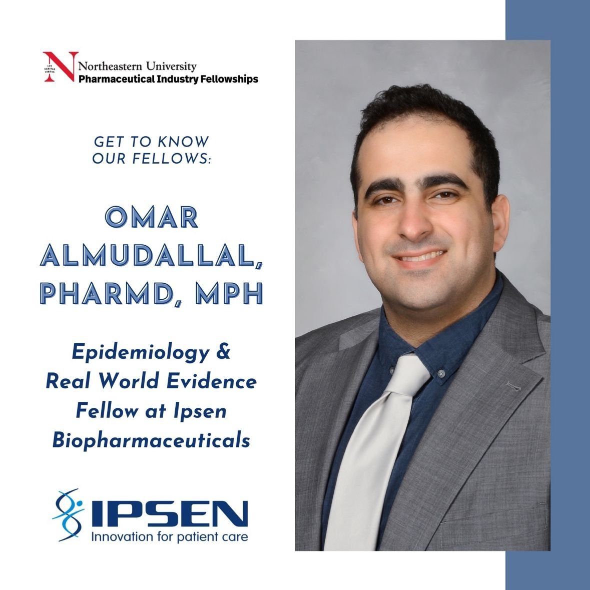 NortheasternSOP's tweet photo. Happy Friday! You know what that means → #FellowFeatureFriday 🎉 Today’s fellow feature is Omar Almudallal, a PharmD graduate of @BelmontUniv and current first-year Epidemiology and Real World Evidence fellow at @IpsenUS.
#nubouve https://t.co/ubomksST3X
