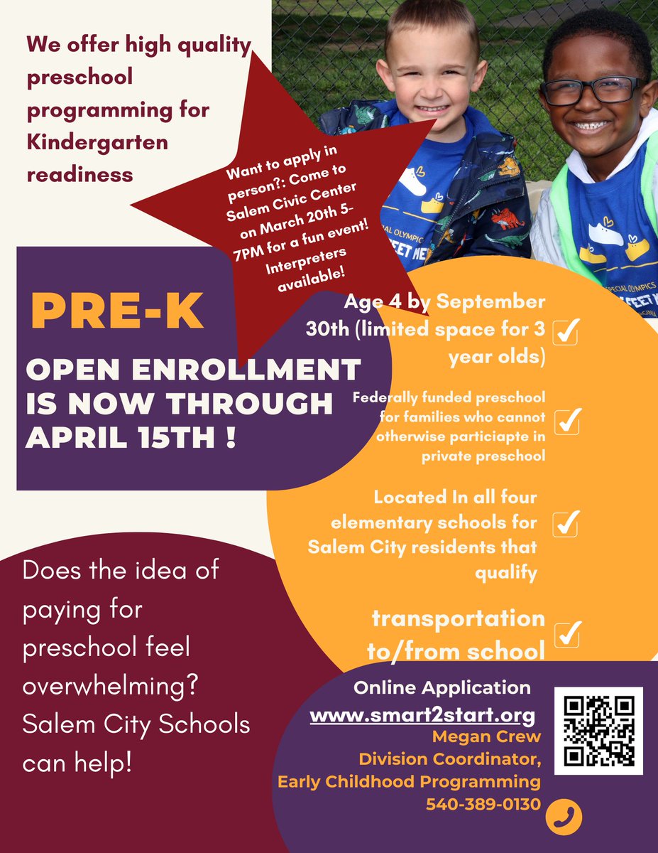 Applications are now being accepted for our Preschool Programs for #SalemVA
Apply today at this link smart2start.org
If you would like more information, contact Megan Crew at 540-389-0130