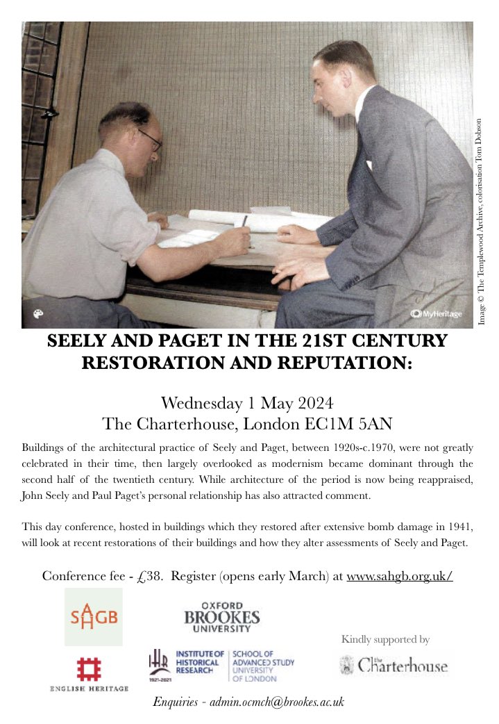 We’re excited to be involved in this Seely & Paget conference focusing on the #restoration of their work & their #reputation in the 21st C. Put the date in your diary. Booking opens via the @TheSAHGB website in March @EnglishHeritage @oxford_brookes @CharterhouseEC1