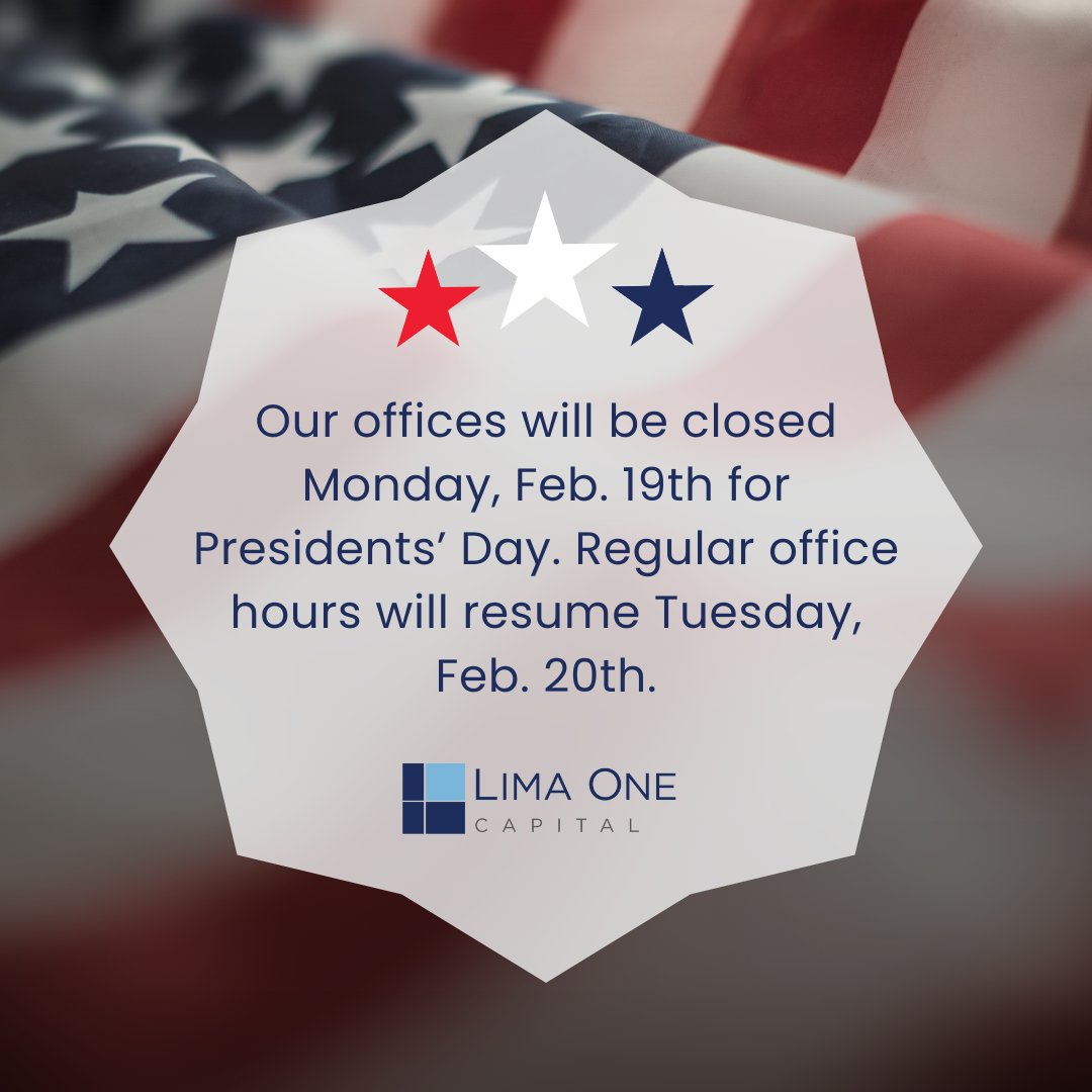 LimaOneCapital's tweet photo. Lima One will be closed on Monday, Feb. 19 in observance of Presidents' Day. https://t.co/QZojomkzDb