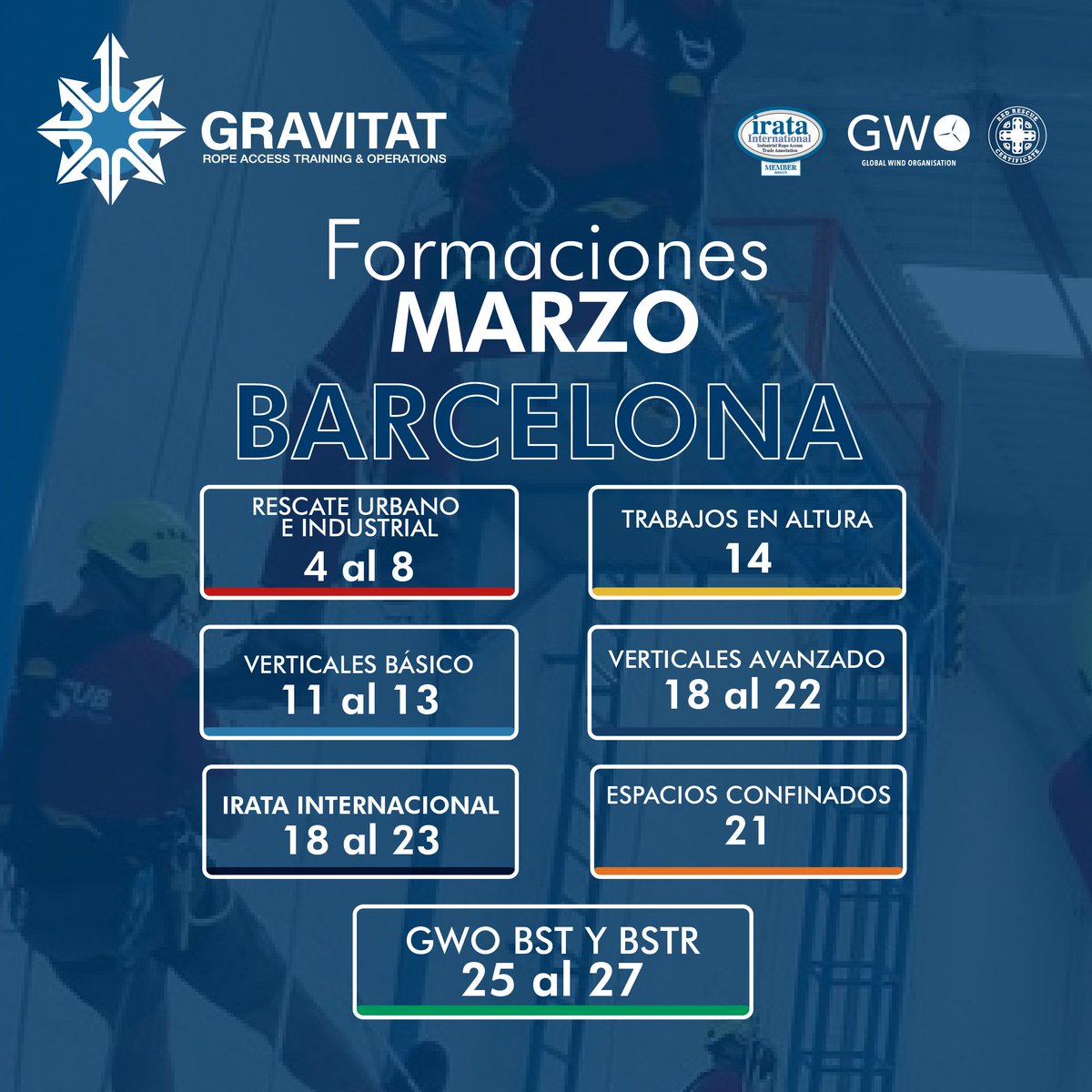 gravitatSL's tweet photo. ¡Aventúrate a nuevas alturas con nuestra formación IRATA certificada! Descubre los cursos de este mes para profesionales apasionados en trabajos de acceso mediante cuerdas.

Reserva tu plaza para MARZO. 

 #iratainternational #ropeaccess #trabajosverticales #gravitat https://t.co/vC5XDUO8rp