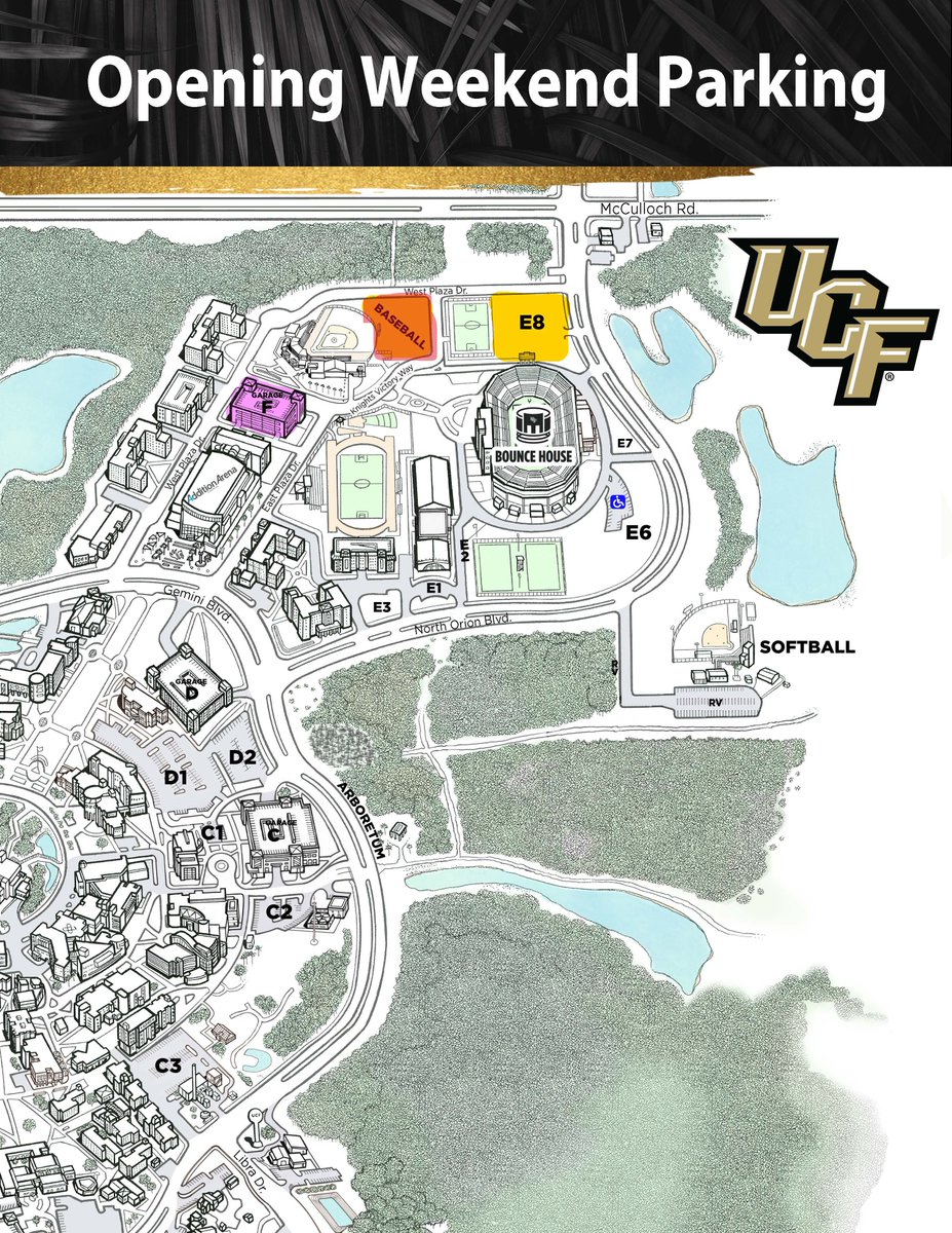 UCF_Facilities's tweet photo. BASEBALL FANS. See below for Opening Weekend parking:

2/16: Due to an arena event, Garage F will be $18. 

2/17: Garage F will be offline due to the Men's Basketball game at 4 PM.

Baseball lot parking will be $10 per game all season. E8 will be used as overflow.

Charge On! https://t.co/lDYxHQbHJx