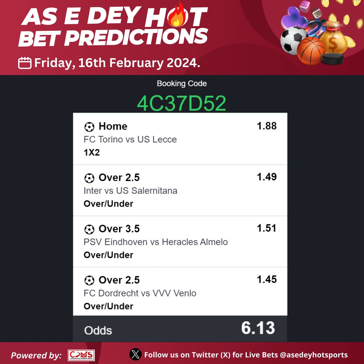 asedeyhotsports's tweet photo. February 16th Soccer Prediction

#SportyBet Booking Code: 4C37D52

#TFCUSL #INTSAL #PSV #Eredivisie https://t.co/Lo8gPyLjjK