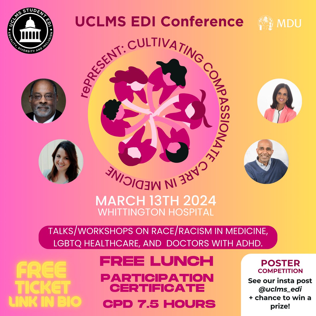 Please join us on March 13th for UCLMS’s EDI committee’s first ever conference! Hear from world leading speakers and take part in eye-opening workshops! Grab your free tickets by following the link the bio!