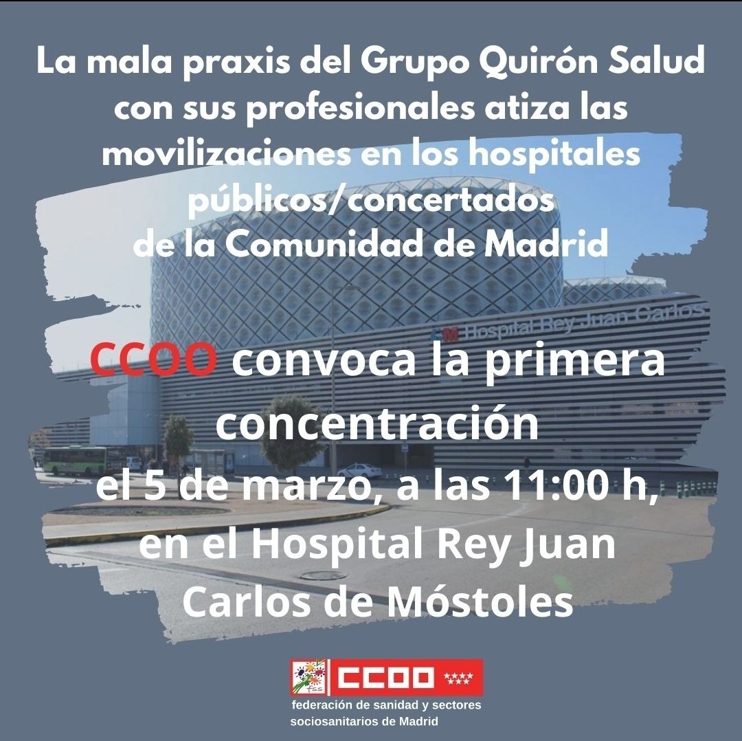 Ccoo_FH_ciempo's tweet photo. Acude‼️
Por los derechos de los trabajadorxs de la #sanidadprivada
#convenio #conflicto #ccoolucha
🗓️1ª Movilización 5 de marzo
⌚️ 11 horas
📍Hospital Rey Juan Carlos (Móstoles)
@CCOOSanidadMad https://t.co/uFCDwMnPyz