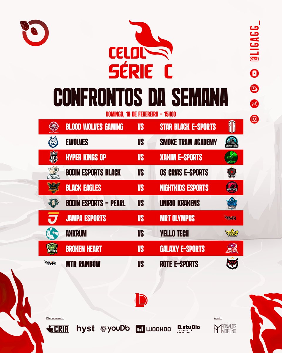 Domingo as emoções não param🔥

<a href="/BWolvesGaming/">Blood Wolves Gaming</a> 🆚 <a href="/STBeSports1/">Star Black eSports</a> 

<a href="/Ewolvesgg/">ewolvesgg</a> 🆚 <a href="/smoketram/">Smoke Tram</a> 

<a href="/HyperKingsOFC/">Hyper Kings E-sports</a> 🆚 <a href="/XaximESports/">Xaxim esports</a> 

@bodinesports 🆚 <a href="/CriasSports/">Os Cria eSports</a> 

<a href="/BlackEaglesEsp/">Black Eagles E-sports</a> 🆚 <a href="/NightKidsNK/">Nightkids Esports - We are the Night</a> 

@bodinesports 🆚 <a href="/unirioesports/">UNIRIO Kraken eSports</a> 

<a href="/jampaesports/">Jampa eSports JPA</a> 🆚 <a href="/MTRGamingBR/">MTR Gaming 🌈🎮</a> 

<a href="/axkrum_gg/">AXKRUM</a>  🆚  Yello