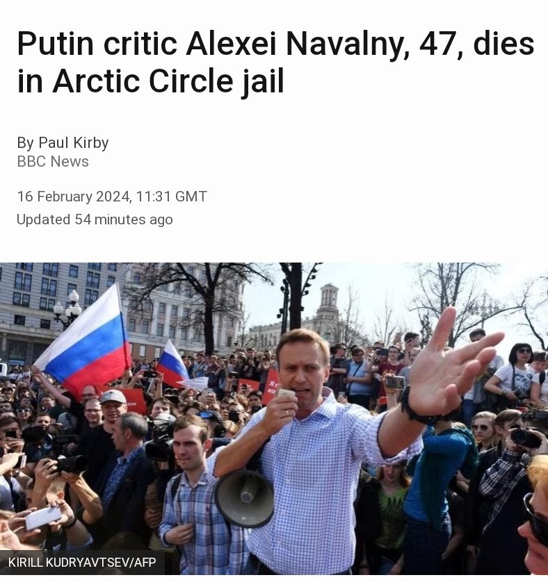 #AlexeiNavalny, #Russian President #VladimirPutins most formidable opponent, collapsed and died on #Friday after a walk at the '#PolarWolf' #Arcticpenalcolony

#Russias most significant opposition leader for the past decade, Alexei Navalny, has died in an #ArcticCircle jail, the…