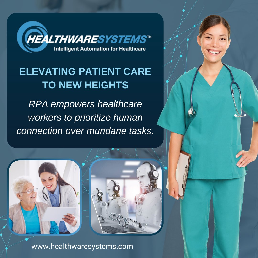 HealthWareSys's tweet photo. Let technology handle the routine, while your team devotes their energy to making a real impact! Say goodbye to mundane, repetitive work and hello to elevated standards of service: https://t.co/Aj9JgFVnIy

#HealthcareInnovation #RPARevolution #ElevatePatientCare #RPAinHealthcare https://t.co/qZPrwAWdLt