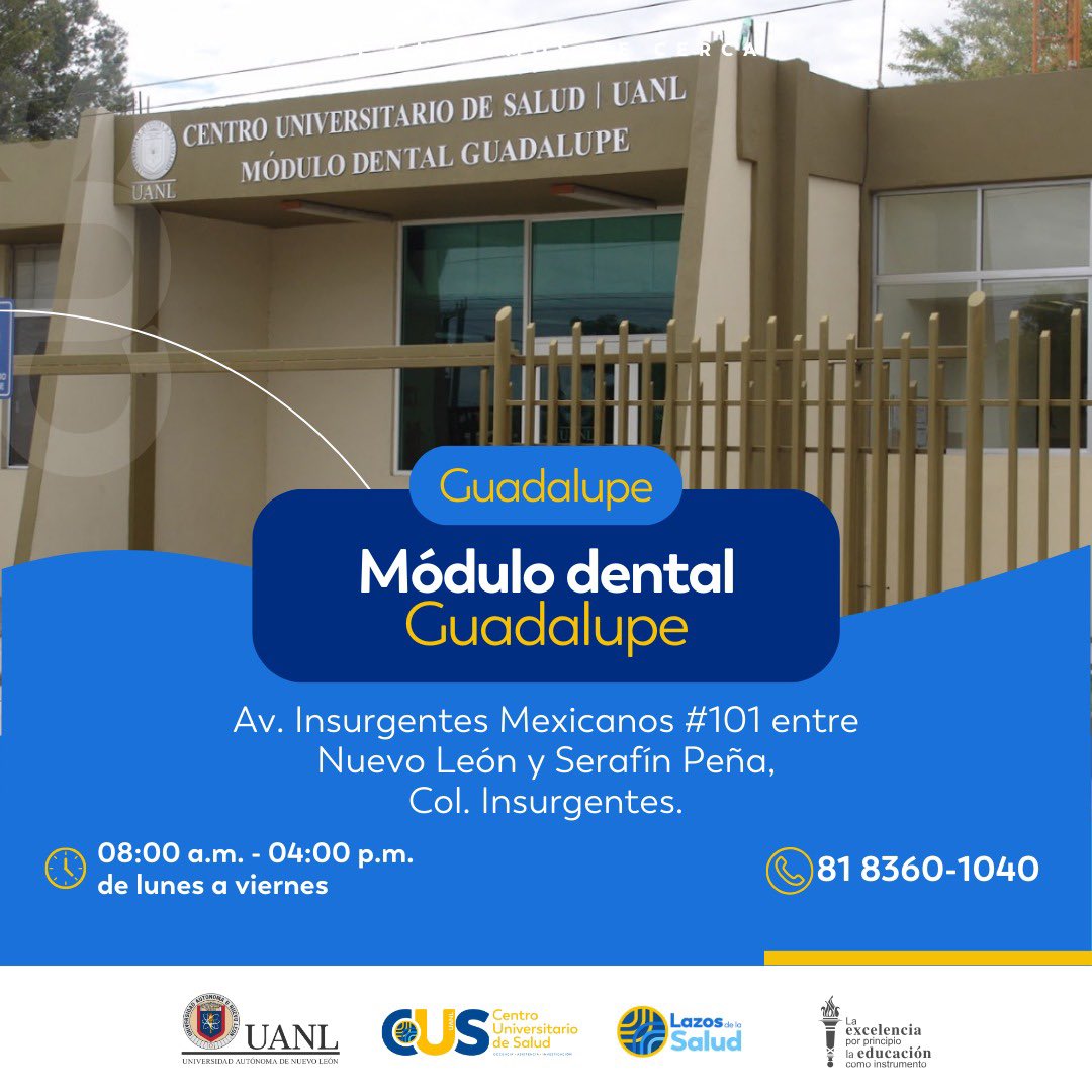 En el Módulo Dental Guadalupe, #TeCuidamosdeCerca a través de servicios de odontología general, endodoncia, ortodoncia, periodoncia, así como odontopediatría y atención dental integral para tu salud y la de tu familia.

Descubre nuestra atención calidad y precios accesibles.
