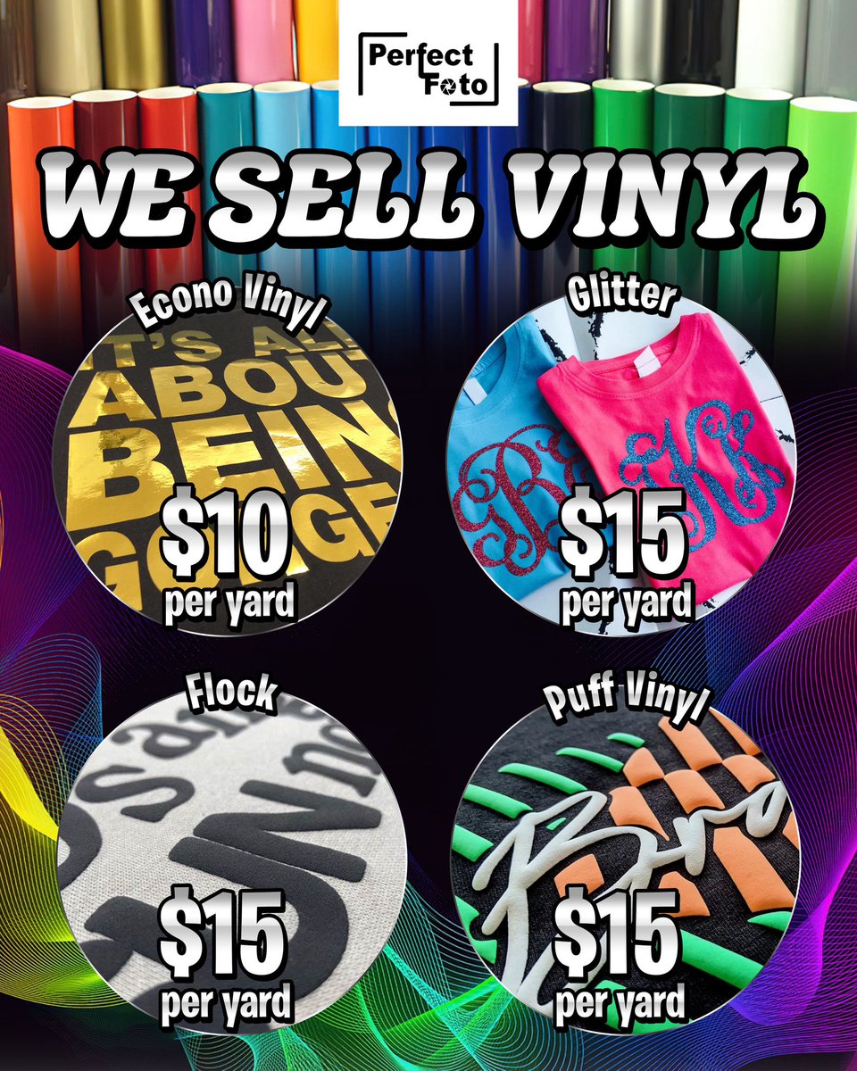 Get creative with Perfect Foto's selection of vibrant vinyls!
Whether you're creating custom tees, totes, or treasures, we have the vinyl you need.

#vinylvariety #craftingsupplies #perfectfotovinyl #diyprojects #glittervinyl #flockvinyl #puffvinyl #creativecrafts