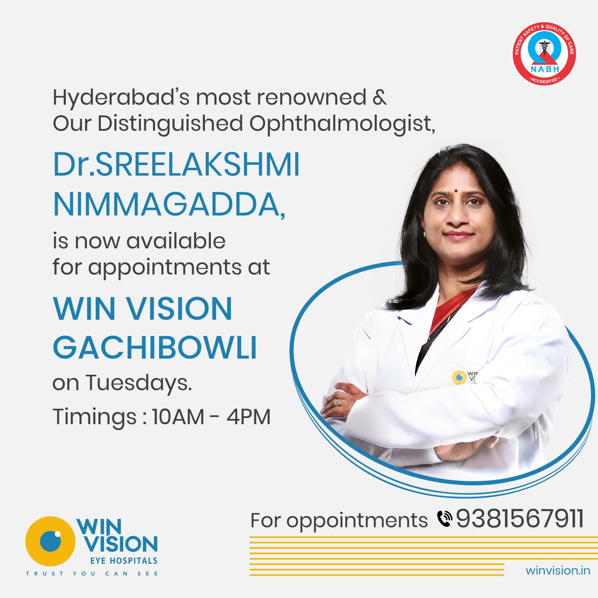 HospitalsWin's tweet photo. Our distinguished Ophthalmologist, is now available every Tuesday at Win Vision, Gachibowli.
Secure your appointment and prioritize your vision today!

#WinVisionEyeHospital #EyeHospital #BestEyeHospital #Drsreelakshminimmagadda #WinvisionGachibowli #Appointment #opthalmologist https://t.co/bsGYQ8VrVz