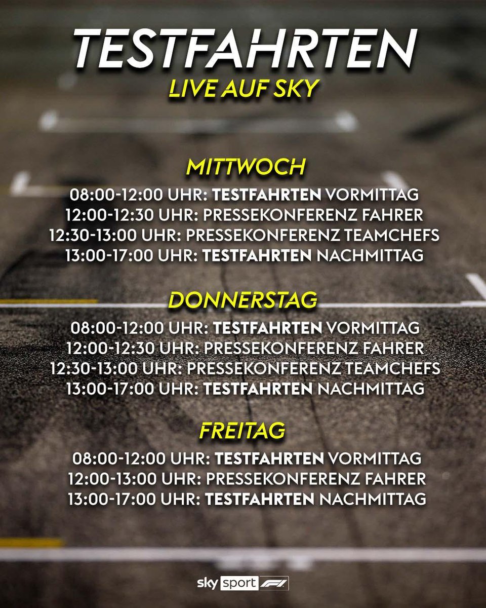 skysportformel1's tweet photo. Endlich wieder Formel 1! 🤩 Wir starten mit den #F1Tests live und in voller Länge aus Bahrain. 📺 Auf Sky Sport F1 seid ihr live dabei. 

#SkyF1 #F1 #Formel1 #Bahrain #Tests https://t.co/bFMYzxEiOf