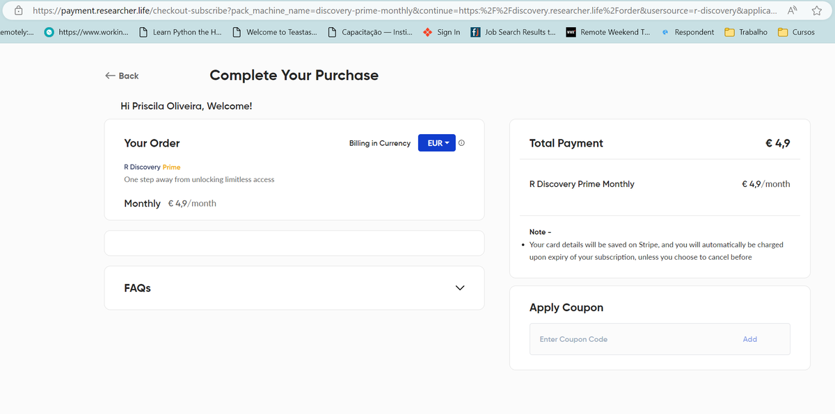 pcsoliveira's tweet photo. @ResearcherLife_ Hi! I am trying to use the trial, but it doesn't give me the option to complete the purchase. Can you help me with this? Thank you!

PS: I have tried to clean cache, different browsers, and InPrivate window. https://t.co/6jPIzuN63z