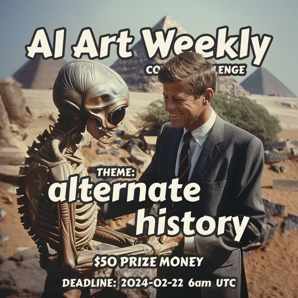 Hey, Listen! 🧚‍♀️

I'm once again looking for AI Art Weekly cover submissions! Winner gets $50 and all finalists will be mentioned in issue #72 ✨

Theme is: alternate history

2 pieces max
10:14 vertical aspect ratio
Unminted
Like+RT+Tag a friend

Submit below! 👇