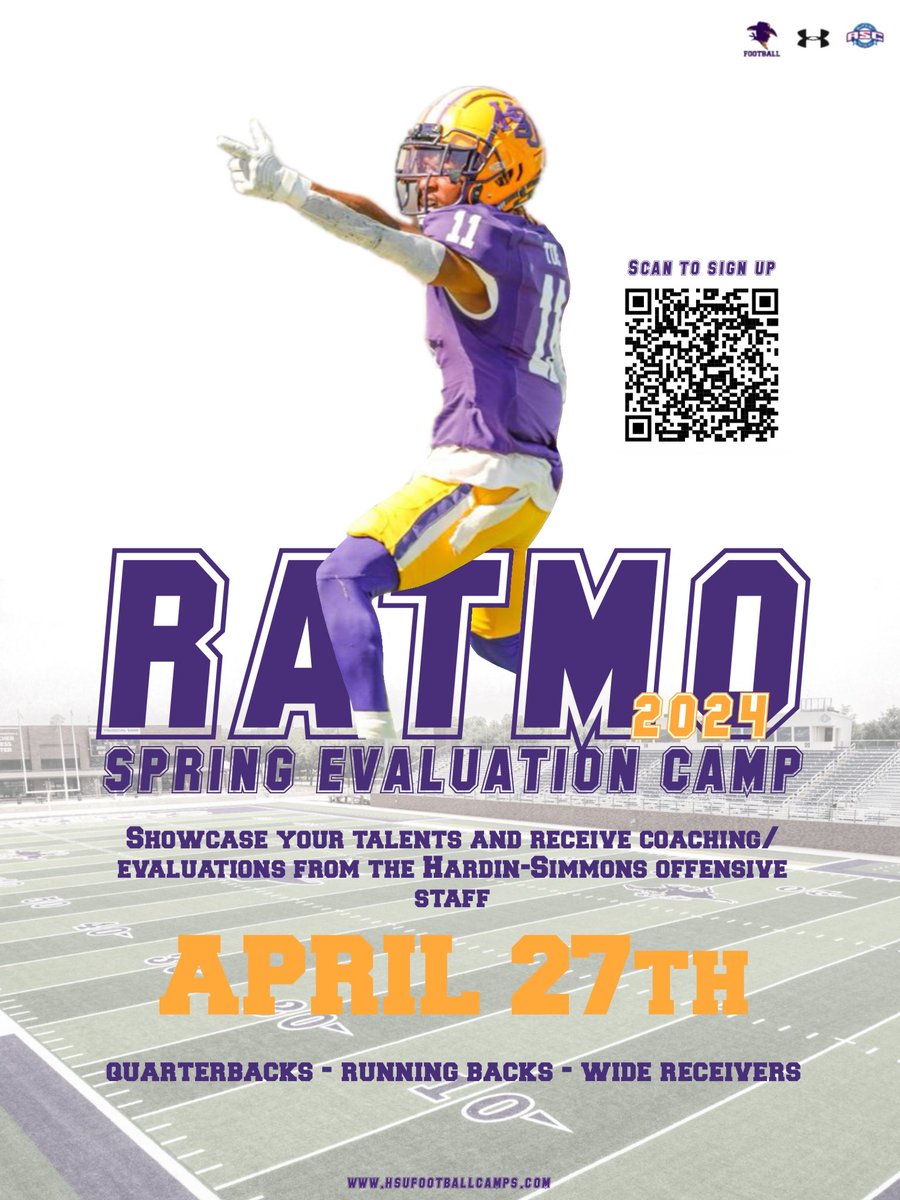 🚨 Spring Evaluation Camp 🚨 

Welcoming all QBs, RBs, WRs to campus to work with the best in the business. #HOOYAH 

Scan to sign up or visit: register.ryzer.com/camp.cfm?sport… 

(Updated Camp Date)