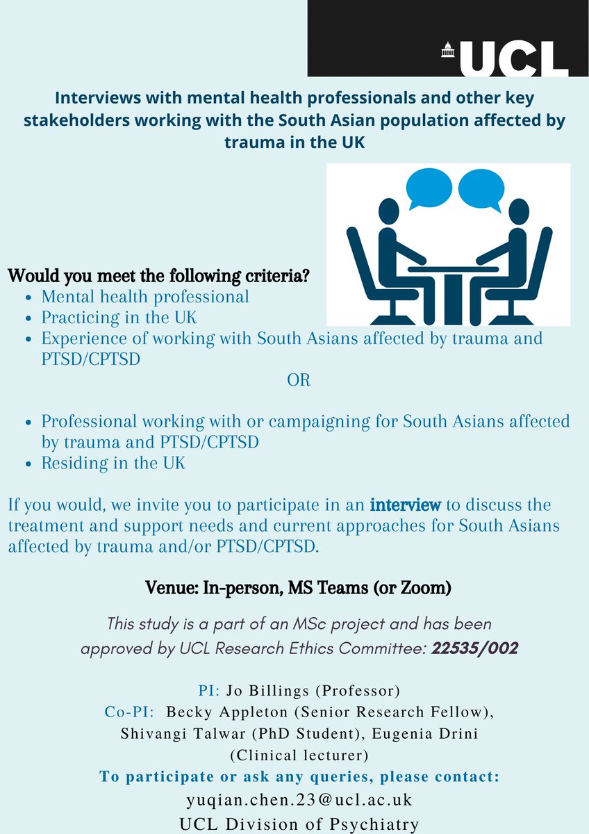 Calling all trauma colleagues! Would any of you be so kind as to take part in a research interview on your views about working with people of South Asian origin who have been affected by trauma? If so, please let me know or email my colleague yuqian.chen.23@ucl.ac.uk. Thank you!