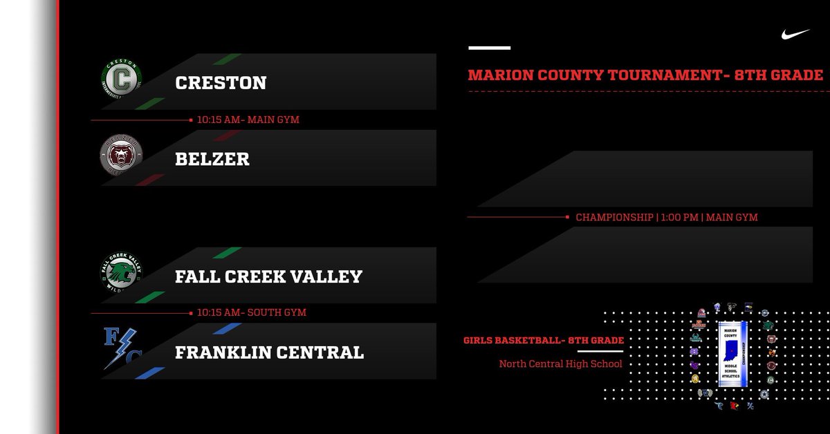Marion County Middle School Athletics (@marioncountyms) on Twitter photo The showdown starts tomorrow! Congrats to the teams who have made it to Saturday!
π- Marion County Girls Basketball
π
- Feb. 17th
π- North Central High School
<a href="/NVMSAthletics/">Northview Athletics</a> <a href="/FCVAthletics/">FCV Athletics</a> <a href="/CIMS_Athletics/">Creston IMS Athletics</a> <a href="/DMSHawks/">DMS Athletics</a> <a href="/FTCSCFCJH/">Franklin Central Junior High Flashes</a> <a href="/belzerathletics/">Belzer Athletics</a> <a href="/NapaAthletics/">New Augusta Athletics</a> The showdown starts tomorrow! Congrats to the teams who have made it to Saturday!
π- Marion County Girls Basketball
π
- Feb. 17th
π- North Central High School
<a href="/NVMSAthletics/">Northview Athletics</a> <a href="/FCVAthletics/">FCV Athletics</a> <a href="/CIMS_Athletics/">Creston IMS Athletics</a> <a href="/DMSHawks/">DMS Athletics</a> <a href="/FTCSCFCJH/">Franklin Central Junior High Flashes</a> <a href="/belzerathletics/">Belzer Athletics</a> <a href="/NapaAthletics/">New Augusta Athletics</a>