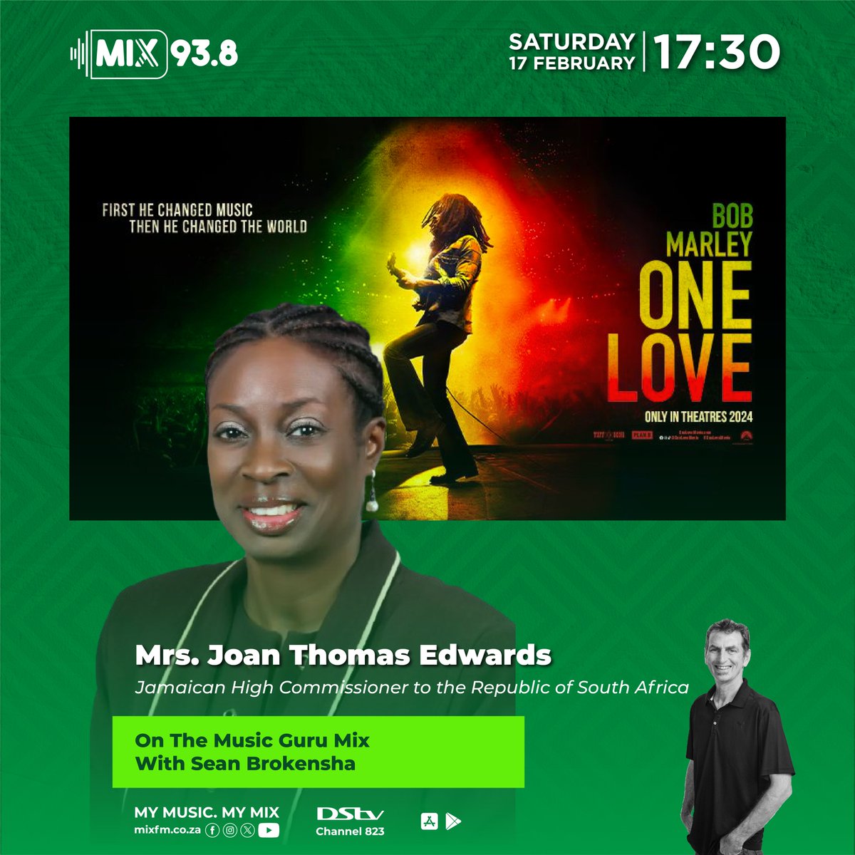 Mix 93.8 is proud to welcome Joan Edwards, the Jamaican High Commissioner, in the studio with @musicgurusean. @JamaicainRSA, in collaboration with @SportArtsCultur, are promoting the newly-released movie - ‘@OneLoveMovie’, about a man still revered across the world.