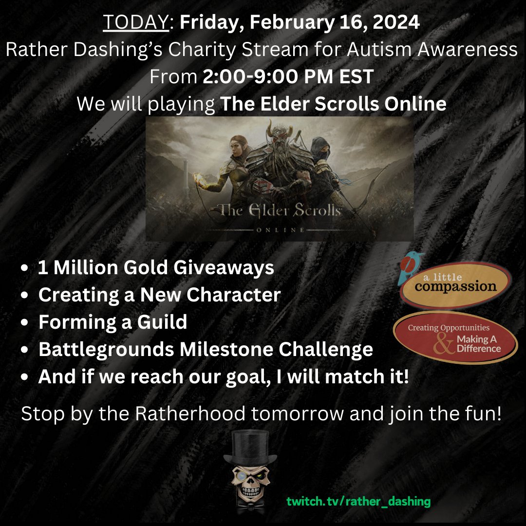 RatherDashing8's tweet photo. Today is the Day!!   Stop by for a quick hello.  Stay for bit or even lurk.  The more viewers, the more others will stop in.  Looking forward to seeing everyone this afternoon!
#eso #ESOFam #rathertainment #ratherhood https://t.co/RA91Tt3w48