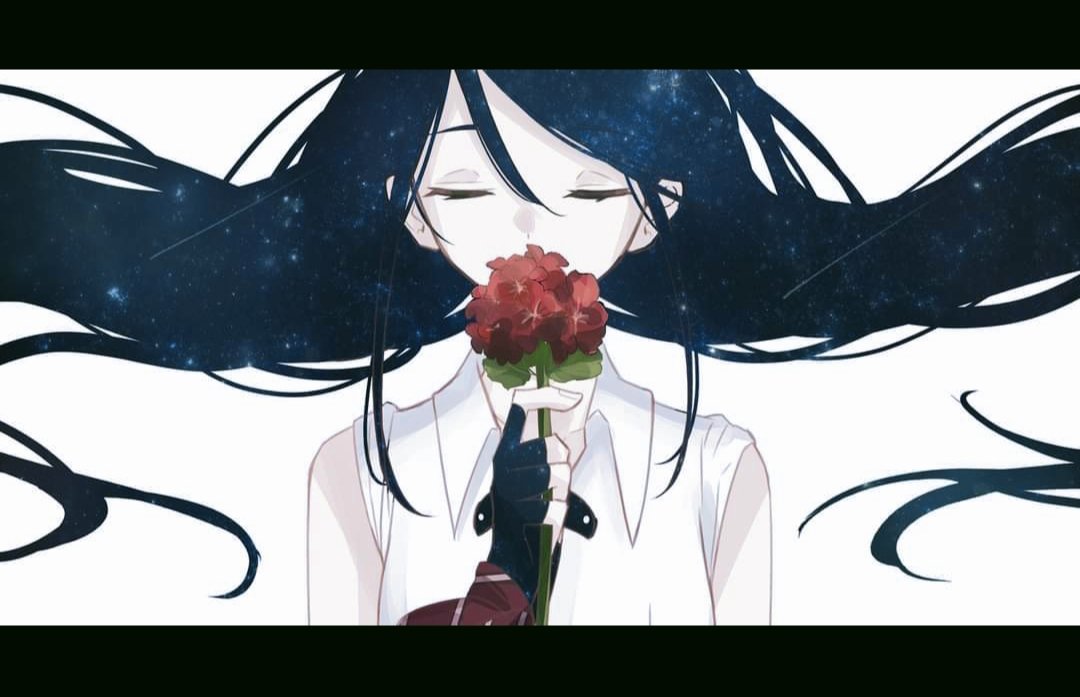1girl solo flower holding flower closed eyes floating hair gloves  illustration images