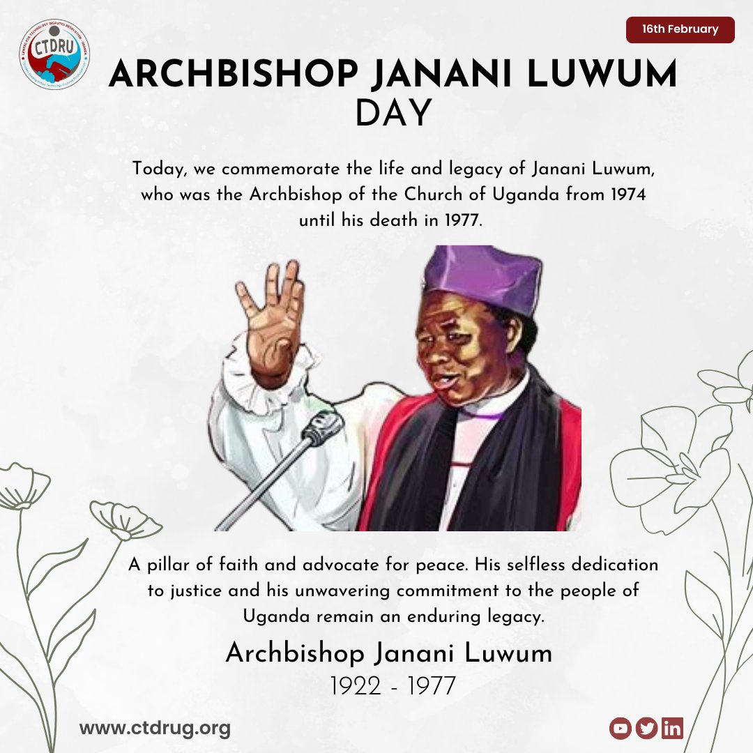 CTDR_Uganda's tweet photo. Today marks 47 years since the passing of Janani Luwum, who served as the Archbishop of the Church of Uganda until his untimely death on February 16, 1977. 
#JananiLuwumDay https://t.co/JDKxTAZm5h