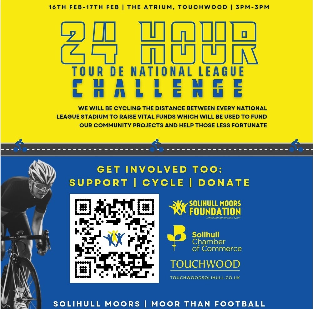 🚲💙💛We're excited to kick off our Tour De National League Challenge at The Atrium, Touchwood from 3 PM today till 3PM tomorrow! Join us as we cycle the distance between every National League Stadium to raise vital funds for our community projects and help those less fortunate