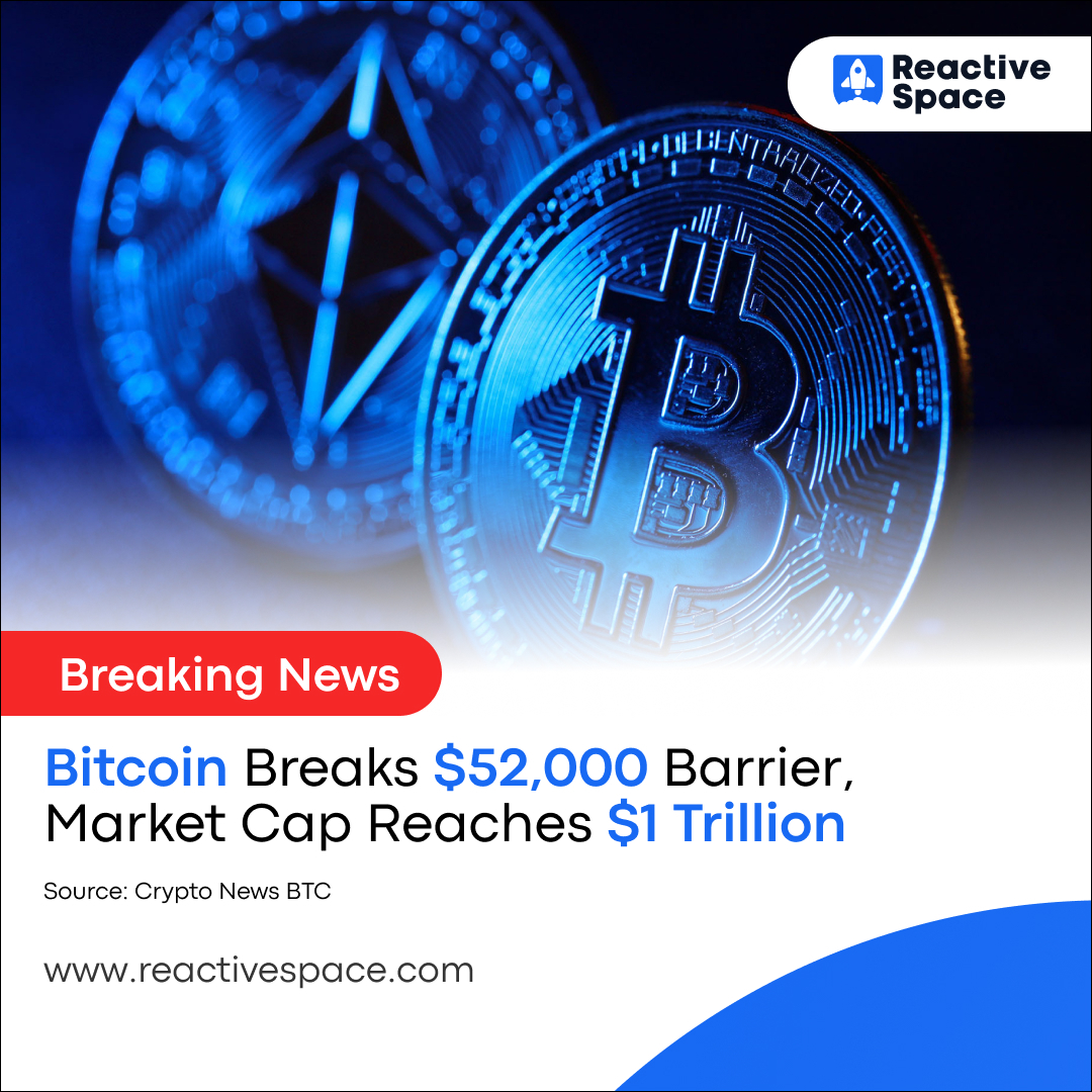 ReactiveSpaceIT's tweet image. Bitcoin keeps on soaring! With the market cap hitting $1 trillion, the $52,000 barrier has been shattered. 

#Bitcoin #MarketCap #CryptoBoom