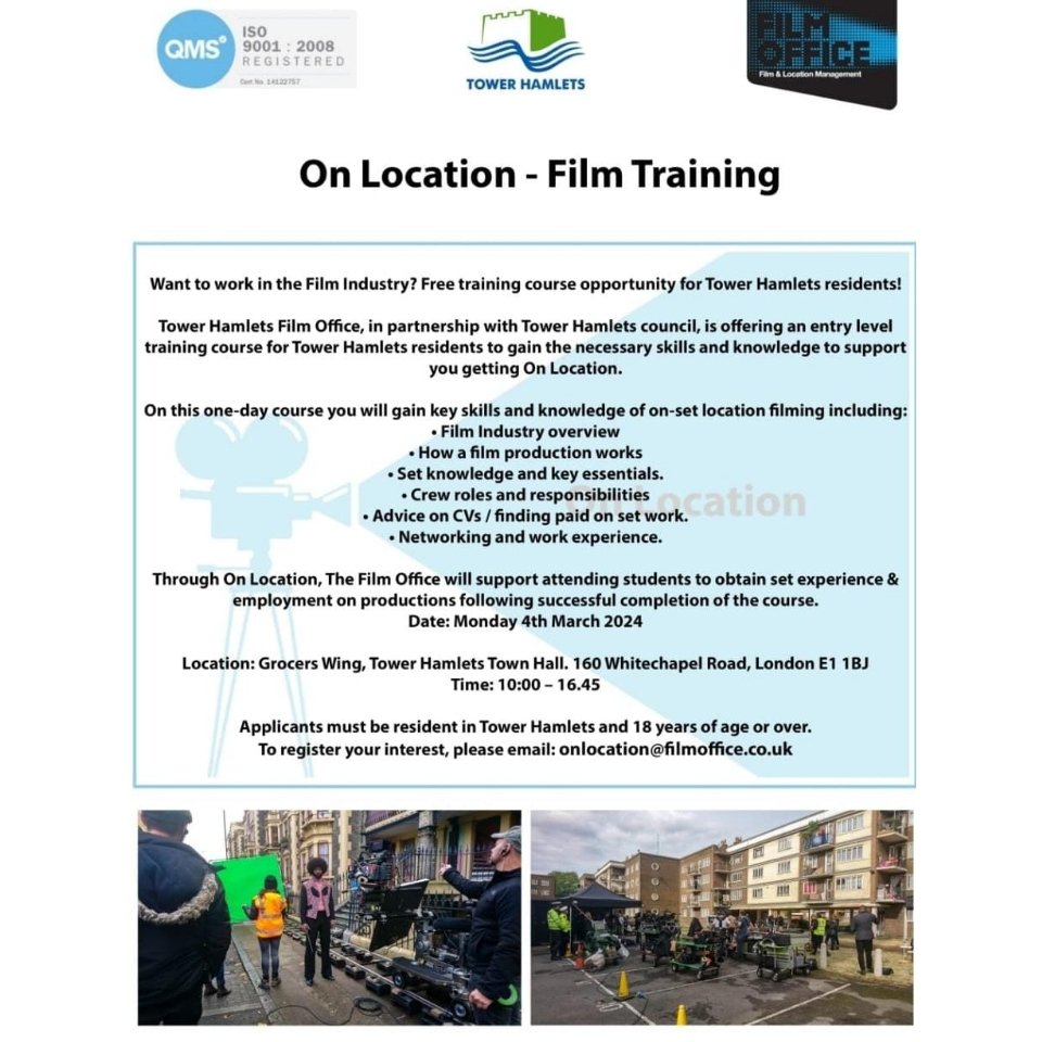 Don't miss out the opportunity to pursue a free training course in film industry, gain key skills and knowledge. Please contact: onlocation@filmoffice.co.uk to register. @TowerHamletsNow