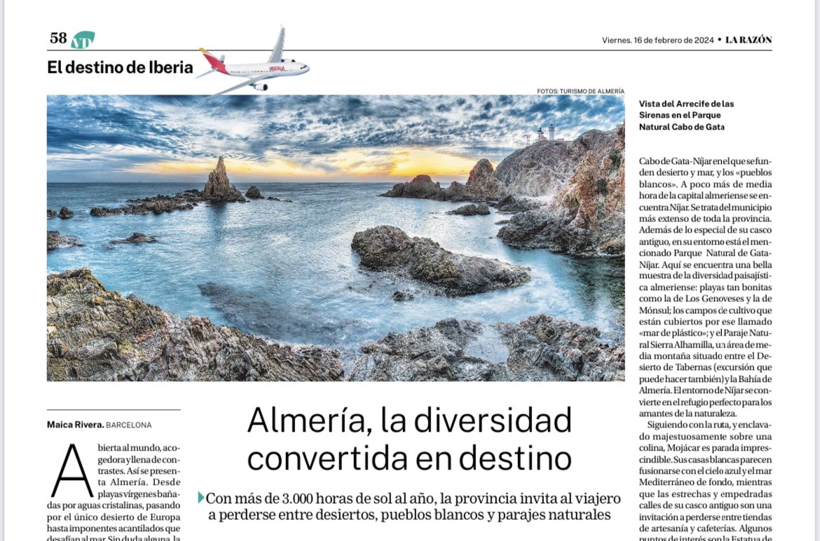 Hoy, en @larazon_es , propongo ✍️ una escapada a desiertos, pueblos blancos y parajes naturales: ¡#Almería! *En kioscos de prensa 📰, y en digital: ➡️ larazon.es/viajes/almeria… #Viajar ✈️ #Andalucía #destinosnacionales