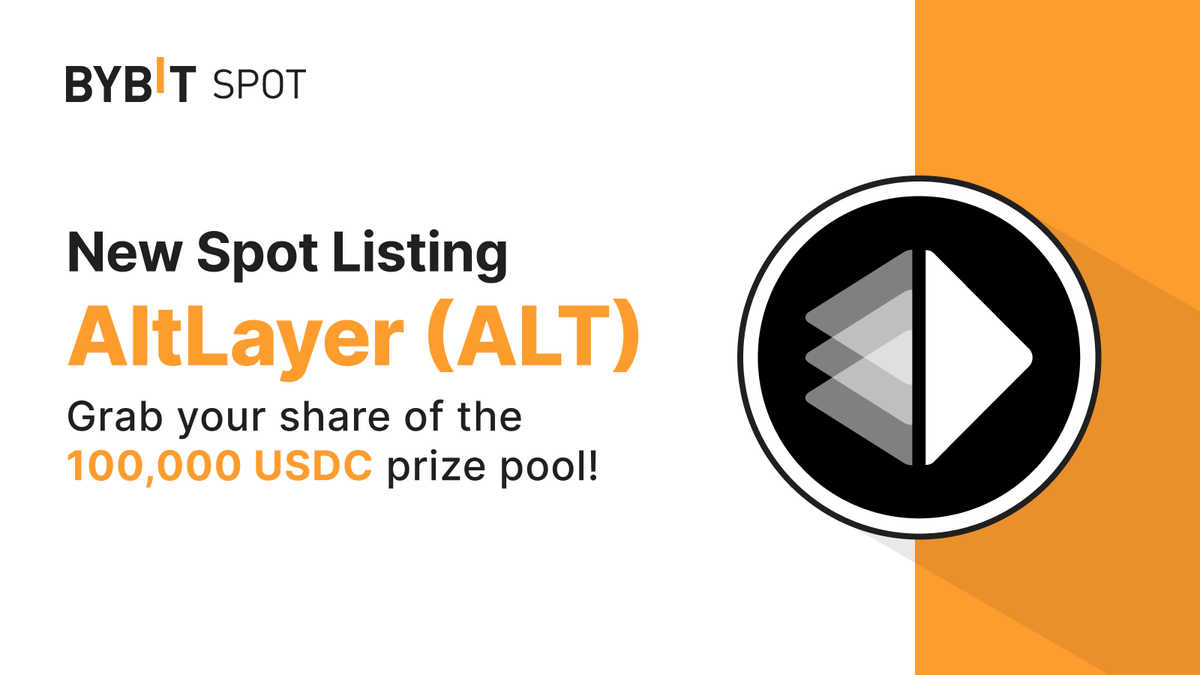 📣 $ALT is coming soon on #BybitSpot with <a href="/alt_layer/">AltLayer</a>.

🗓 Listing time: Listing Time: Feb 19, 2024, 8 AM UTC. Deposits and withdrawals will be available via the Ethereum Chain.

👀 Stay tuned, a grand prize pool of 100K $USDT awaits you! 

#TheCryptoArk #BybitListing