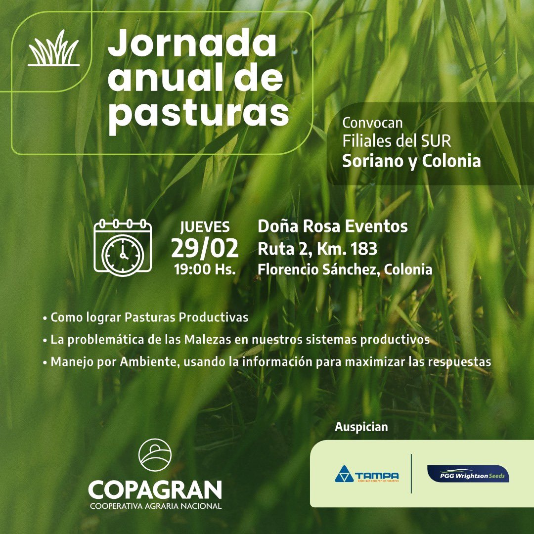 I N V I T A C I Ó N❗️❗️❗️

Jornada Anual de Pasturas 💛🌱💙🌱💚

Deslizá en la publicación para conocer la de tu filial #COPAGRAN de confianza. ¡Los esperamos! 

Comenzamos el 2️⃣0️⃣2️⃣4️⃣ con todo💪🏻

¿Nos ayudan con la difusión? ¡Muchas gracias!