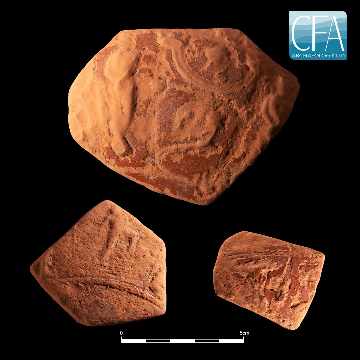 cfa_archaeology's tweet photo. #Samian for your thoughts? For today’s #FindsFriday we’ve got three lovely sherds of #Roman Samian ware pottery, recovered from #Cumbria. Some of the decoration is still visible and we’ve got our ideas about what the images are, but what do you see? #RomanTwitter https://t.co/03zkOVZPxX