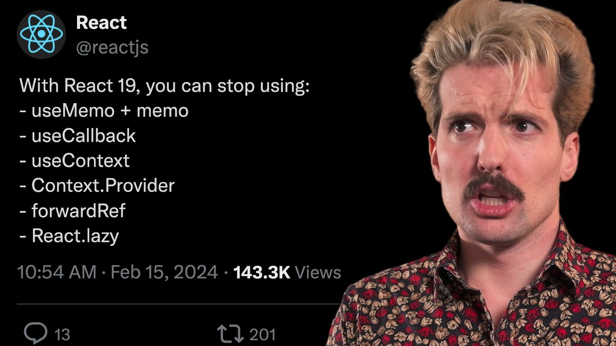 theo's tweet photo. React 19 is happening and it's making some bold promises. Obviously I had to make a video about it before flying out https://t.co/yusq5bPzwP