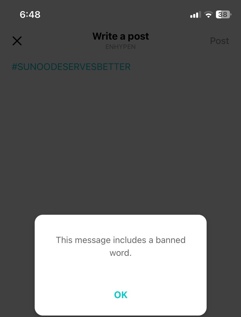 luvsn_aia's tweet photo. I posted something on Weverse and wanted to add #SUNOODESERVESBETTER, but every time I edit it, it keeps saying it has banned words. The only thing I do is add Sunoo’s hashtag, like wtf?? I tried with the members, and it was okay; it was posted.   

@BELIFTLAB @weverseofficial https://t.co/2GwRnri7Mc