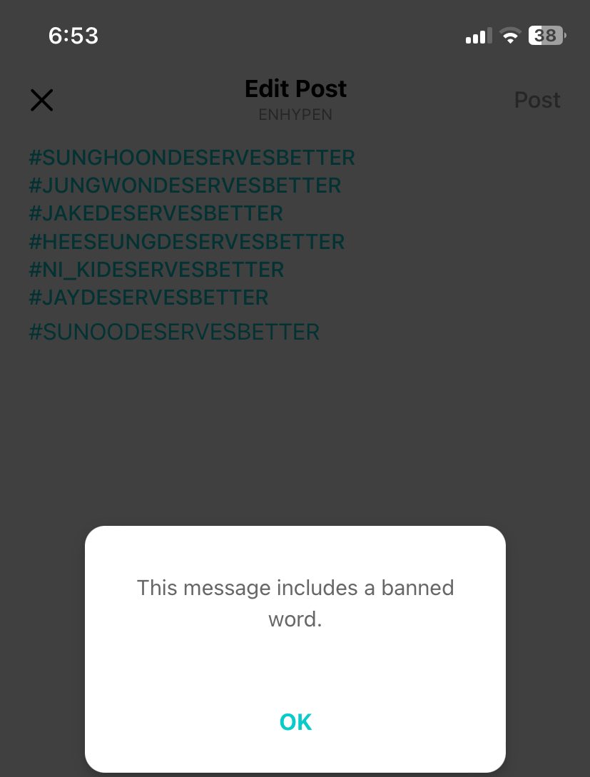 luvsn_aia's tweet photo. I posted something on Weverse and wanted to add #SUNOODESERVESBETTER, but every time I edit it, it keeps saying it has banned words. The only thing I do is add Sunoo’s hashtag, like wtf?? I tried with the members, and it was okay; it was posted.   

@BELIFTLAB @weverseofficial https://t.co/2GwRnri7Mc