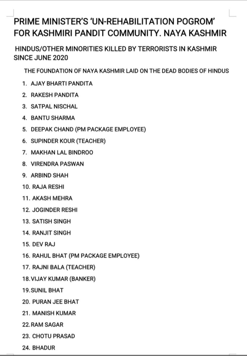 DhaniMart's tweet photo. @kishanreddybjp What @narendramodi did for rehabilitation of Exiled Kashmiri Pandits except Sloganeering 😳 Used Kashmiri Pandits for local body elections while in Exile. 
Got PM Package Employees killed after Aborgation Of Article 370. Here is the list from 2019 to 2024. https://t.co/Akxt6aOdZq