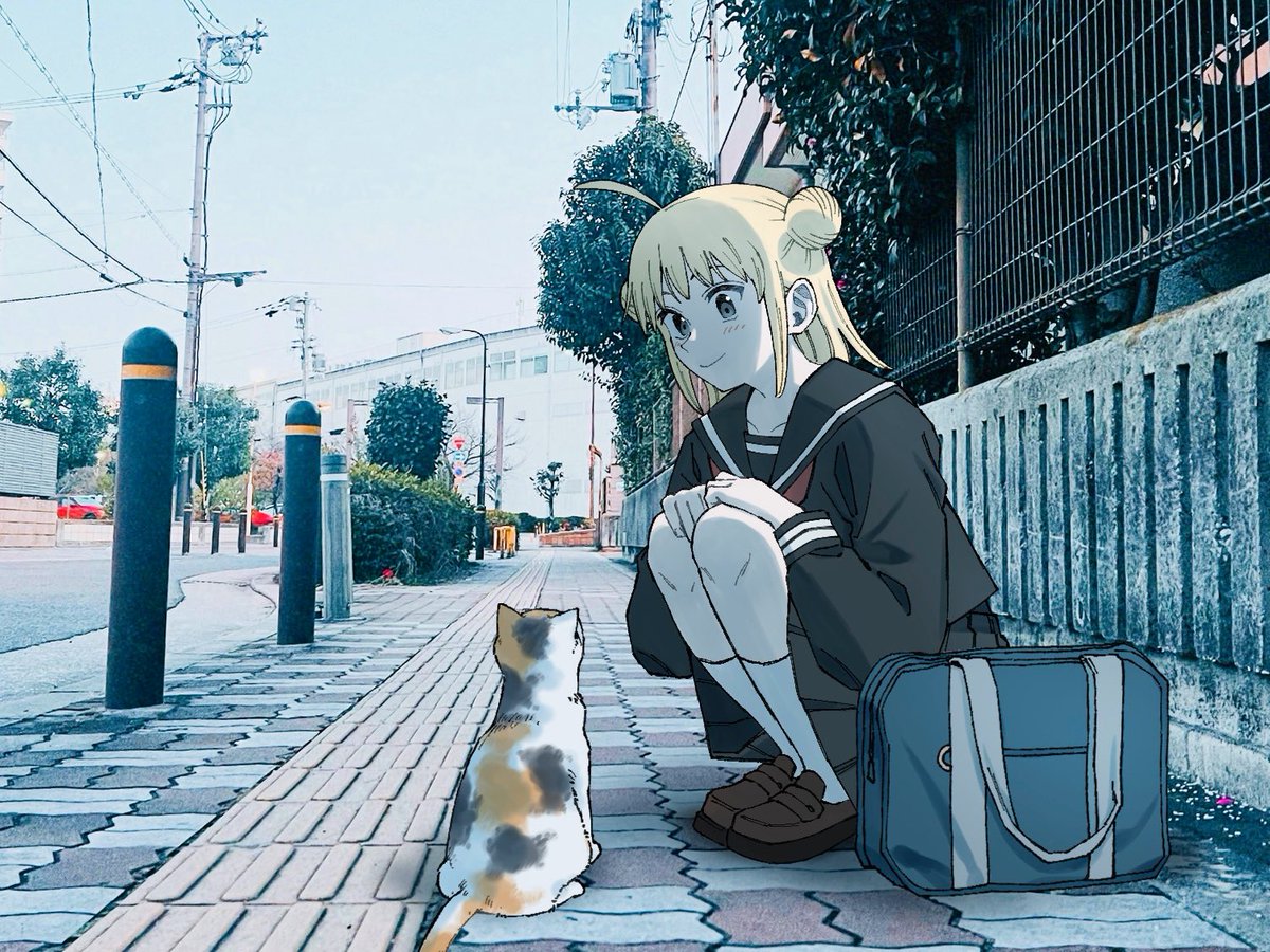 1girl cat school uniform outdoors blonde hair bag serafuku  illustration images