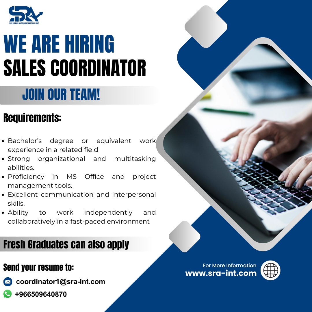 You can apply directly at: sra-int.com/job/salescoord…
or send you resume to: coordinator1@sra-int.com
#job #salescoordinator #pakistan #jobhiring #jobopportunities