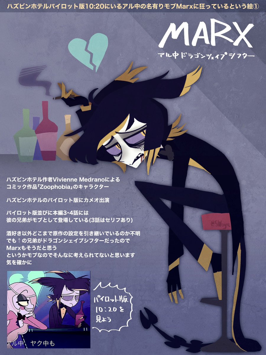 ハズビンホテルのパイロット版10:20〜にいるジト目アル中の名有りモブMarxさんに狂っていますという絵🥃

見れば見るほどデザインが良すぎるのでS2にどうにかどうにか……
 #HazbinHotelFanart 
 #HazbinHotelMarx 
