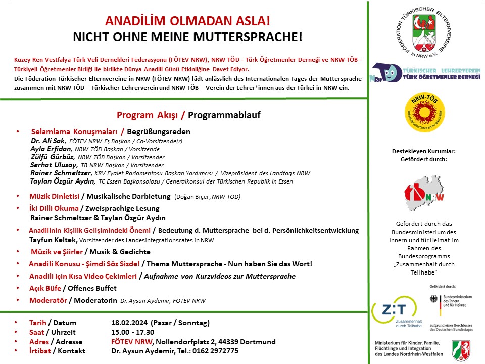 NICHT OHNE MEINE MUTTERSPRACHE!
Diesen Sonntag 18.02.24 präsentieren wir in Kooperation mit unserem Mitgliedsverein <a href="/FOTEVNRW/">FÖTEV NRW</a> ein buntes Programm mit hochkarätigen Gastrednern für alle Interessierten in Dortmund.