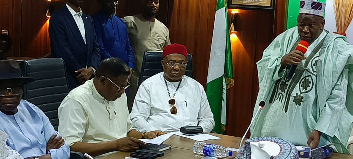 APC National Chairman, Dr. Abdullahi Ganduje, standing, during the swearing-in of APC Primary Election Committee headed by Senator Hope Uzodinma of Imo State, and Alternate Chairman, Senator Prince Bassey Otu, 2nd right sitting, in Abuja on Wednesday, February 15, 2024.