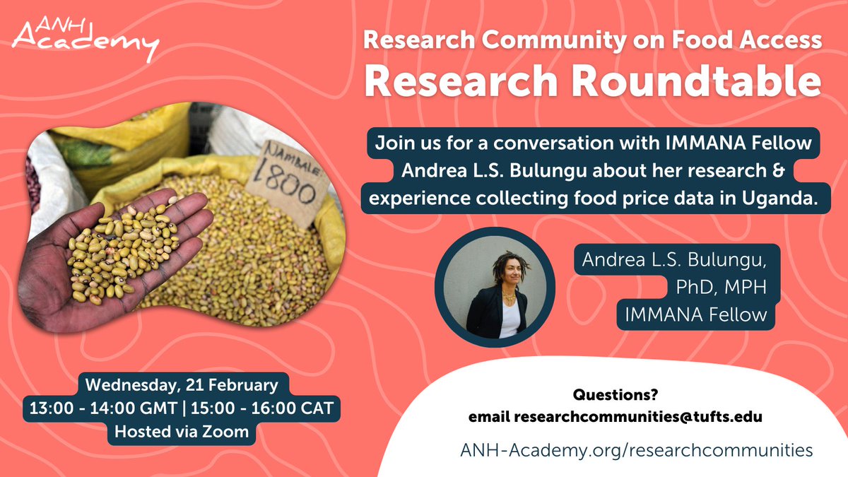 Are you interested in how #foodprices influence diets in LICs? 💵IMMANA fellow @alspray's is assessing price variability & sourcing reliable data in #Uganda. Join our next Research Community on #FoodAccess roundtable on 🗓️ 21 Feb, 13:00 GMT. ➡️anh-academy.org/community/rese…