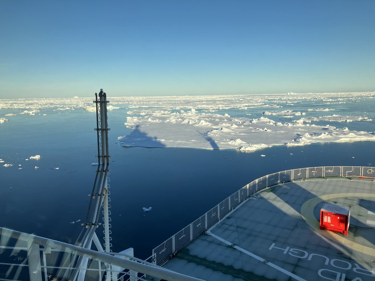 It is a dingle day here in the Weddell Sea. Some grease ice forming and a little fog in the distance. Low sun gives a bit of a shadow of the Sir David Attenborough. Antarctica at it's best